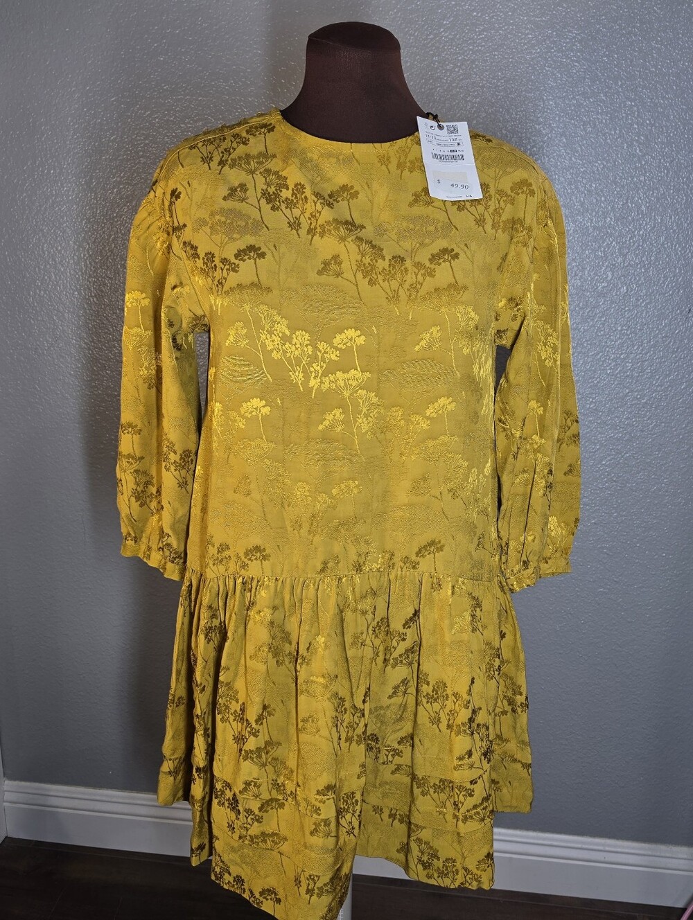 Zara Girls 11-12 Mustard Gold Floral Jacquard Tiered Dress NWT